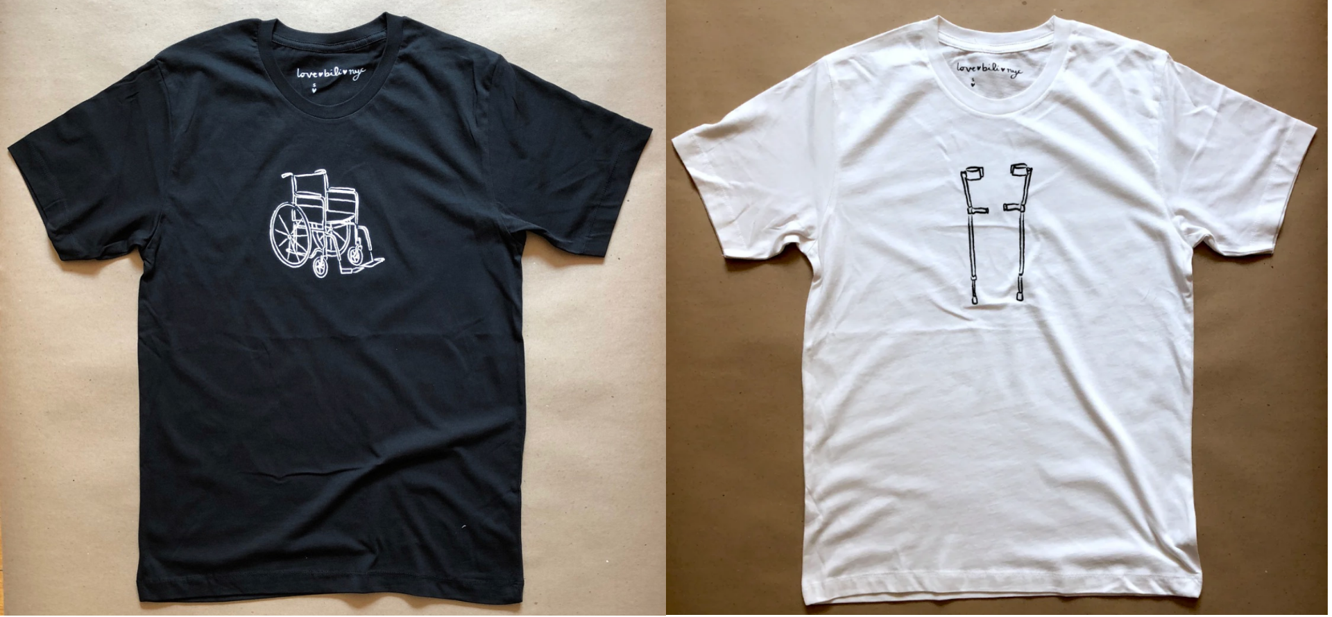  (left) A black ♡bili shirt with white wheelchair design; (right) A white ♡bili shirt with black walking sticks design 